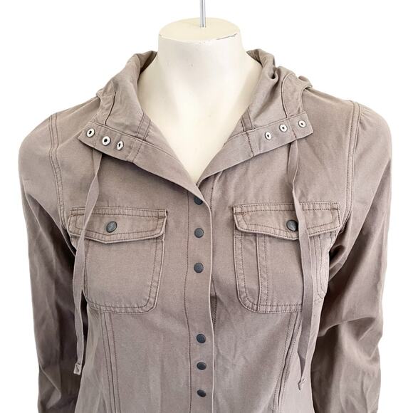 IBEX 100% Organic Cotton Snap Front Hooded Jacket in Light Taupe SZ S - Picture 2 of 10